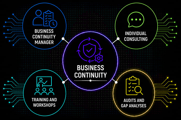 Business Continuity Audits and Gap Analyses Business continuity audits and gap analyses to identify risks, improve resilience, and ensure compliance with industry standards.