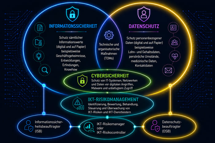 Zusammenspiel von Informationssicherheit, Datenschutz, Cybersicherheit und IKT-Risikomanagement