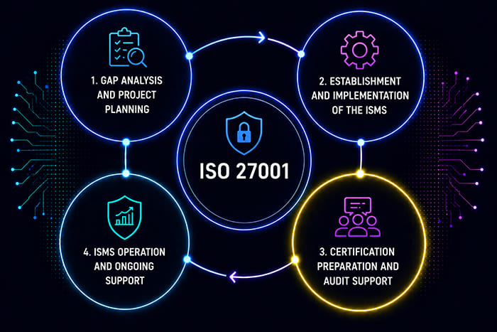 Preparation for ISO 27001 certification including audit support and guidance throughout the certification process.