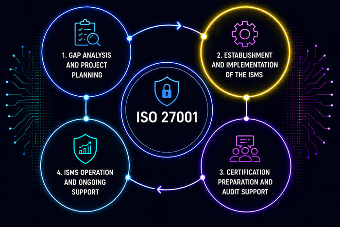Establishment and implementation of an ISO 27001 Information Security Management System (ISMS) to strengthen information security and compliance.