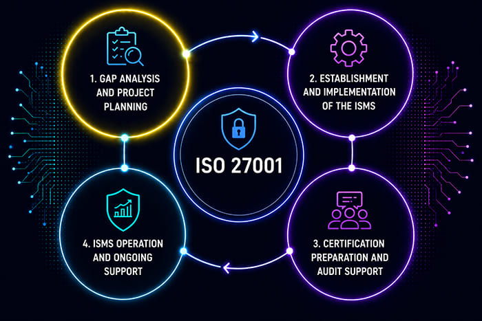 ISO 27001 gap analysis and project planning as the first step toward implementing an Information Security Management System (ISMS).