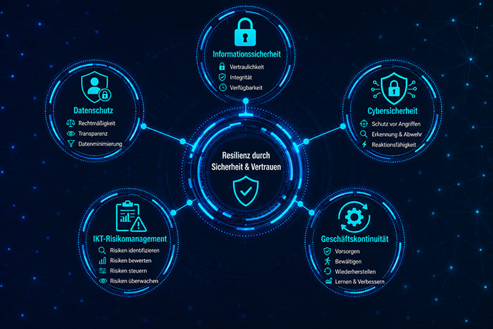 Grafische Darstellung des Zusammenspiels von Geschäftskontinuität, Informationssicherheit, Cybersicherheit, Datenschutz und IKT-Risikomanagement zur Stärkung der Unternehmensresilienz.